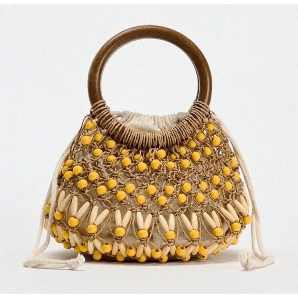 ZARA Beaded Mini Bucket Bag Handbag Clutch Statement BOHO Yellow Small Bag - Picture 1 of 15
